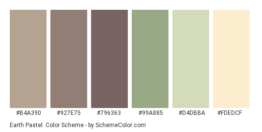 Earth Pastel - Color scheme palette thumbnail - #B4A390 #927E75 #796363 #99A885 #D4DBBA #fdedcf 