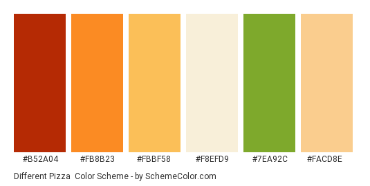 Different Pizza - Color scheme palette thumbnail - #B52A04 #FB8B23 #FBBF58 #F8EFD9 #7EA92C #FACD8E 