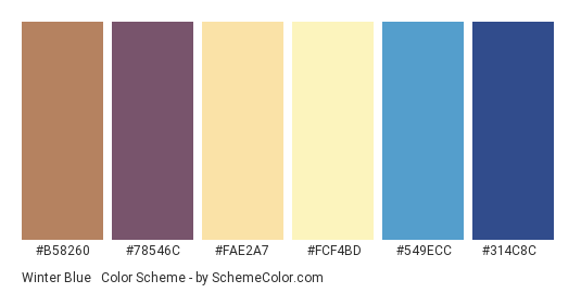 Winter Blue & Yellow - Color scheme palette thumbnail - #B58260 #78546C #FAE2A7 #FCF4BD #549ECC #314C8C 