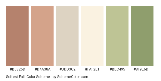 Softest Fall - Color scheme palette thumbnail - #B5826D #D4A38A #DDD3C2 #FAF2E1 #BEC495 #8F9E6D 