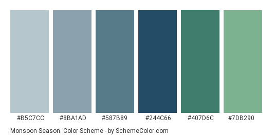 Monsoon Season - Color scheme palette thumbnail - #B5C7CC #8BA1AD #587B89 #244C66 #407D6C #7DB290 
