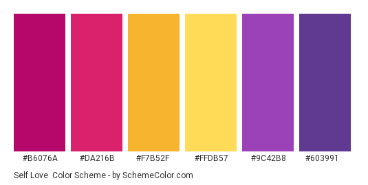 Self Love - Color scheme palette thumbnail - #B6076A #DA216B #F7B52F #FFDB57 #9C42B8 #603991 