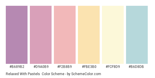Relaxed with Pastels - Color scheme palette thumbnail - #B689B2 #D9A0B9 #F2B8B9 #FBE3B0 #FCF8D9 #B6D8DB 