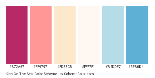 Kiss On The Sea - Color scheme palette thumbnail - #B72A67 #FF9797 #FDE8CB #FFF7F1 #B4DDE7 #5EB0D4 