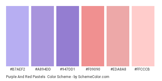 Purple and Red Pastels - Color scheme palette thumbnail - #B7AEF2 #A894DD #947DD1 #F09090 #EDA8A8 #FFCCCB 