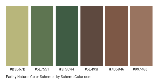 Earthy Nature - Color scheme palette thumbnail - #B8B67B #5E7551 #3F5C44 #5E493F #7D5846 #997460 