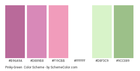 Pinky-Green - Color scheme palette thumbnail - #B96A9A #D889B8 #F19CBB #ffffff #D8F3C9 #9CC089 