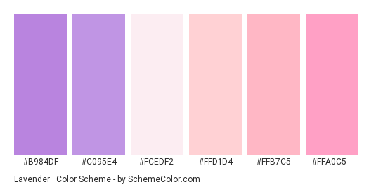 Lavender & Pink Pastels - Color scheme palette thumbnail - #B984DF #C095E4 #FCEDF2 #FFD1D4 #FFB7C5 #FFA0C5 