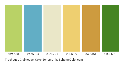 Treehouse Clubhouse - Color scheme palette thumbnail - #B9D266 #62AEC5 #EAE7C8 #EECF70 #CD9B3F #458422 
