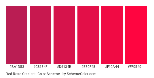 Red Rose Gradient - Color scheme palette thumbnail - #BA1D53 #C8184F #D6134B #E30F48 #F10A44 #FF0540 