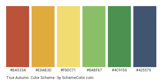 True Autumn - Color scheme palette thumbnail - #BA533A #E0AB3D #F0DC71 #8ABF67 #4C9150 #425570 