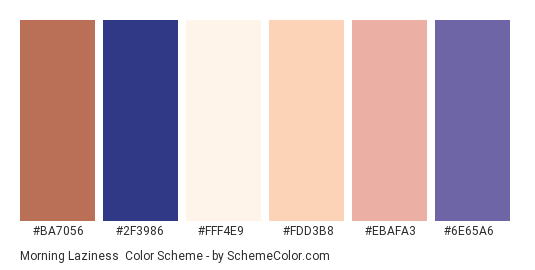 Morning Laziness - Color scheme palette thumbnail - #BA7056 #2F3986 #FFF4E9 #FDD3B8 #EBAFA3 #6E65A6 
