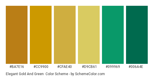 Elegant Gold and Green - Color scheme palette thumbnail - #BA7E16 #CC9900 #CFAE40 #D9CB61 #099969 #006A4E 