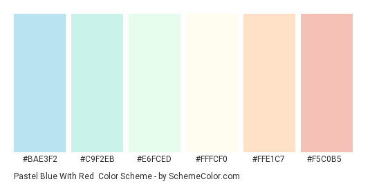 Pastel Blue with Red - Color scheme palette thumbnail - #BAE3F2 #C9F2EB #E6FCED #FFFCF0 #FFE1C7 #F5C0B5 
