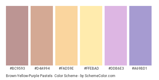 Brown-Yellow-Purple Pastels - Color scheme palette thumbnail - #BC9593 #D4A994 #FAD59E #FFEBAD #DDB6E3 #A69BD1 