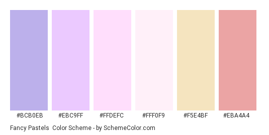 Fancy Pastels - Color scheme palette thumbnail - #BCB0EB #EBC9FF #FFDEFC #FFF0F9 #F5E4BF #EBA4A4 