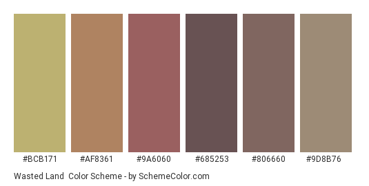 Wasted Land - Color scheme palette thumbnail - #BCB171 #AF8361 #9A6060 #685253 #806660 #9D8B76 
