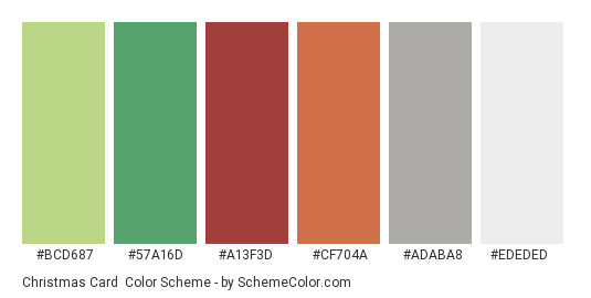 Christmas Card - Color scheme palette thumbnail - #BCD687 #57A16D #A13F3D #CF704A #ADABA8 #EDEDED 
