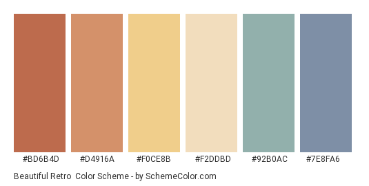 Beautiful Retro - Color scheme palette thumbnail - #BD6B4D #D4916A #F0CE8B #F2DDBD #92B0AC #7E8FA6 