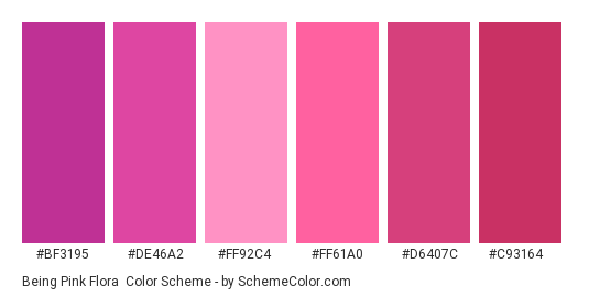 Being Pink Flora - Color scheme palette thumbnail - #BF3195 #DE46A2 #FF92C4 #FF61A0 #D6407C #C93164 
