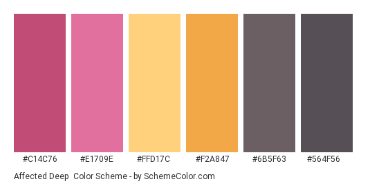 Affected Deep - Color scheme palette thumbnail - #C14C76 #E1709E #FFD17C #F2A847 #6B5F63 #564F56 