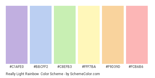 Really Light Rainbow - Color scheme palette thumbnail - #C1AFE0 #BBCFF2 #C8EFB3 #FFF7BA #F9D39D #FCB6B6 