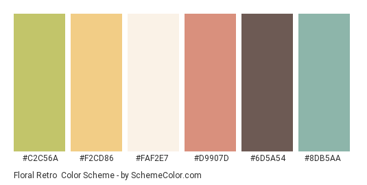 Floral Retro - Color scheme palette thumbnail - #C2C56A #F2CD86 #FAF2E7 #D9907D #6D5A54 #8DB5AA 