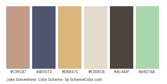 Joke Somewhere - Color scheme palette thumbnail - #C39C87 #4D5572 #DBB67C #E3DBCB #4C443F #A9D7AB 