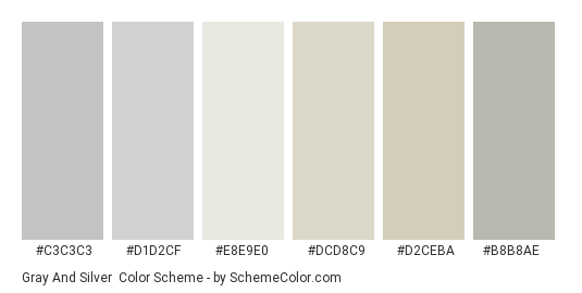 Gray and Silver - Color scheme palette thumbnail - #C3C3C3 #D1D2CF #E8E9E0 #DCD8C9 #D2CEBA #B8B8AE 
