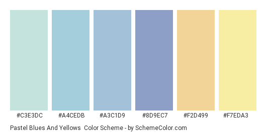 Pastel Blues and Yellows - Color scheme palette thumbnail - #C3E3DC #A4CEDB #A3C1D9 #8D9EC7 #F2D499 #F7EDA3 