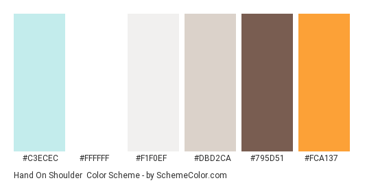 Hand on Shoulder - Color scheme palette thumbnail - #C3ECEC #FFFFFF #F1F0EF #DBD2CA #795D51 #FCA137 