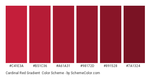 Cardinal Red Gradient - Color scheme palette thumbnail - #C41E3A #B51C36 #A61A31 #98172D #891528 #7A1324 