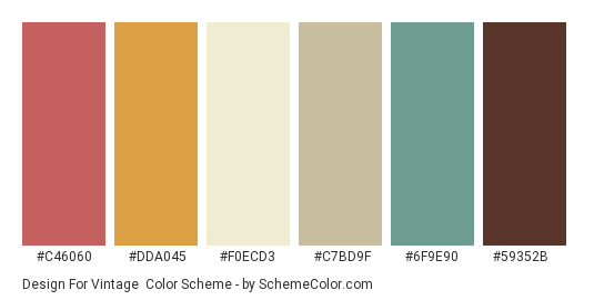 Design for Vintage - Color scheme palette thumbnail - #C46060 #DDA045 #F0ECD3 #C7BD9F #6F9E90 #59352B 