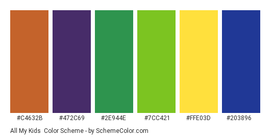 All My Kids - Color scheme palette thumbnail - #C4632B #472C69 #2E944E #7CC421 #FFE03D #203896 