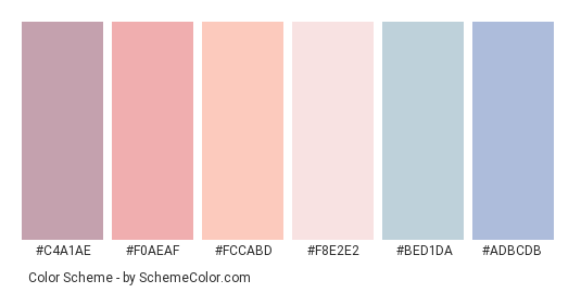 Above the Sky - Color scheme palette thumbnail - #C4A1AE #F0AEAF #FCCABD #F8E2E2 #BED1DA #ADBCDB 