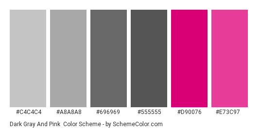 Dark Gray and Pink - Color scheme palette thumbnail - #C4C4C4 #A8A8A8 #696969 #555555 #D90076 #E73C97 