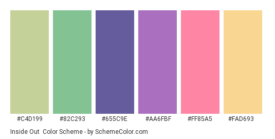 Inside Out - Color scheme palette thumbnail - #C4D199 #82C293 #655C9E #AA6FBF #FF85A5 #FAD693 