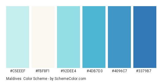 Maldives - Color scheme palette thumbnail - #C5EEEF #FBF8F1 #92DEE4 #4DB7D3 #4096C7 #3379B7 