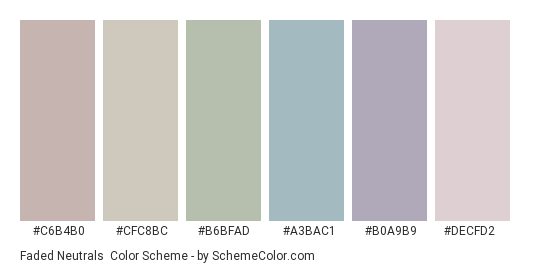 Faded Neutrals - Color scheme palette thumbnail - #C6B4B0 #CFC8BC #B6BFAD #A3BAC1 #B0A9B9 #DECFD2 