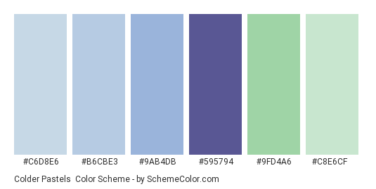 Colder Pastels - Color scheme palette thumbnail - #C6D8E6 #B6CBE3 #9AB4DB #595794 #9FD4A6 #C8E6CF 