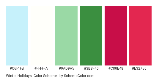 Winter Holidays - Color scheme palette thumbnail - #C6F1FB #FFFFFA #9AD9A5 #3B8F40 #C80E48 #E32750 