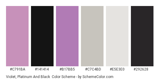 Violet, Platinum and Black - Color scheme palette thumbnail - #C791BA #141414 #B17BB5 #C7C4BD #E5E3E0 #292628 