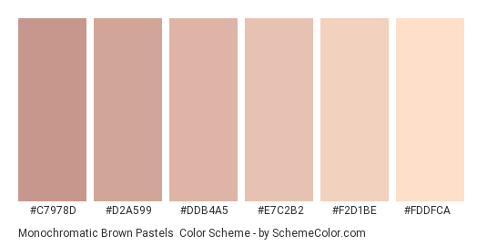 Monochromatic Brown Pastels - Color scheme palette thumbnail - #C7978D #D2A599 #DDB4A5 #E7C2B2 #F2D1BE #FDDFCA 