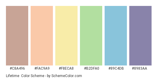 Lifetime - Color scheme palette thumbnail - #C8A496 #FAC9A9 #F8ECA8 #B2DFA0 #89C4DB #8983AA 
