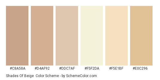 Shades of Beige - Color scheme palette thumbnail - #C8A58A #D4AF92 #DDC7AF #F5F2DA #F5E1BF #E0C296 