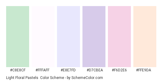 Light Floral Pastels - Color scheme palette thumbnail - #C8E8CF #FFFAFF #E8E7FD #d7cbea #f6d2e6 #ffe9da 
