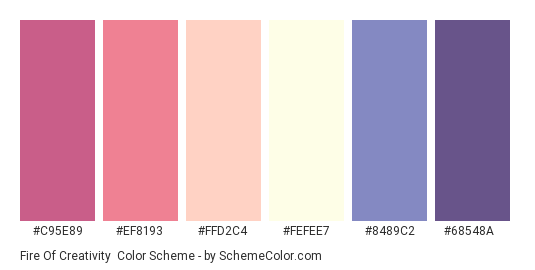 Fire of Creativity - Color scheme palette thumbnail - #C95E89 #EF8193 #FFD2C4 #FEFEE7 #8489C2 #68548A 