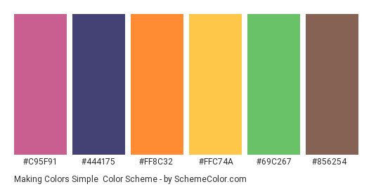 Making Colors Simple - Color scheme palette thumbnail - #C95F91 #444175 #FF8C32 #FFC74A #69C267 #856254 