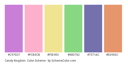 Candy Kingdom - Color scheme palette thumbnail - #C97ED7 #FCB0CB #F0E492 #88D782 #7571AC #E6956C 