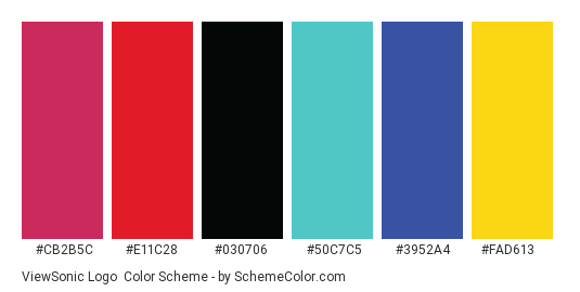 ViewSonic Logo - Color scheme palette thumbnail - #CB2B5C #E11C28 #030706 #50C7C5 #3952A4 #FAD613 